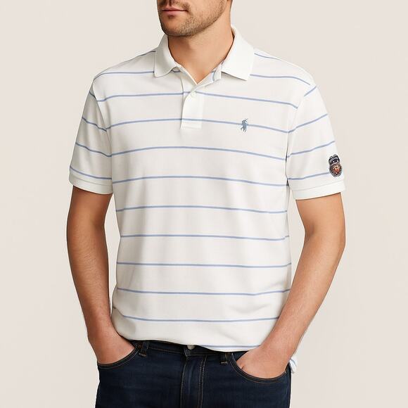 POLO GOLF RALPH LAUREN Men’s L Polo Shirt Crest Pony Striped White Pima Cotton - Picture 1 of 6